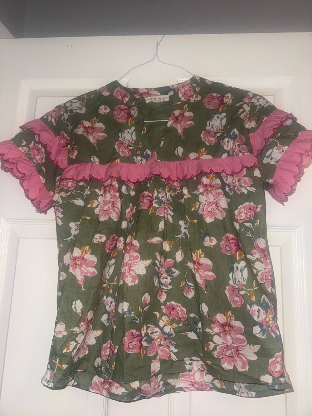 THML Olive Floral Short Sleeve Top with Pink Ruffle Trim